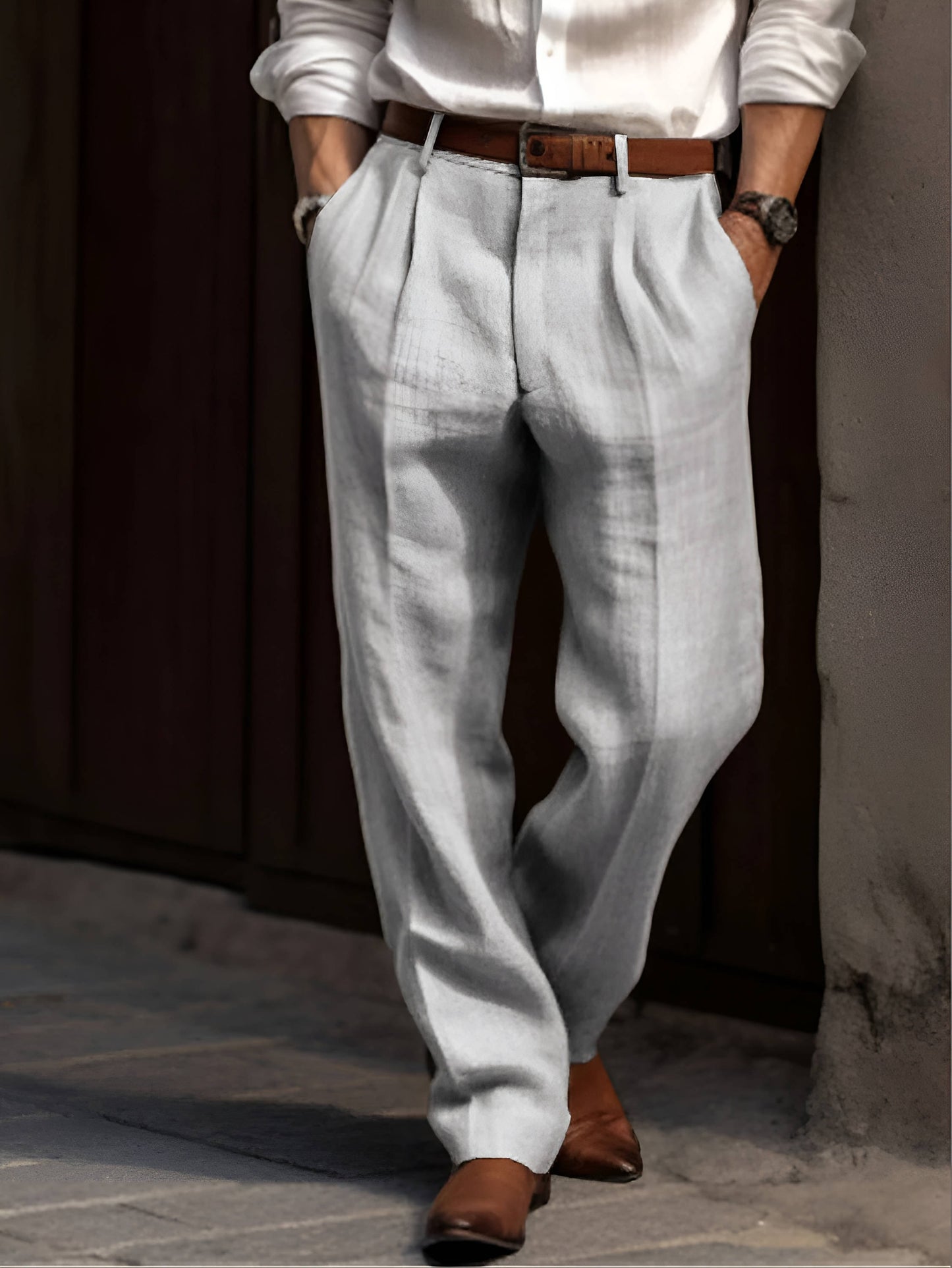 Pleated Straight Leg Pants - Gray
