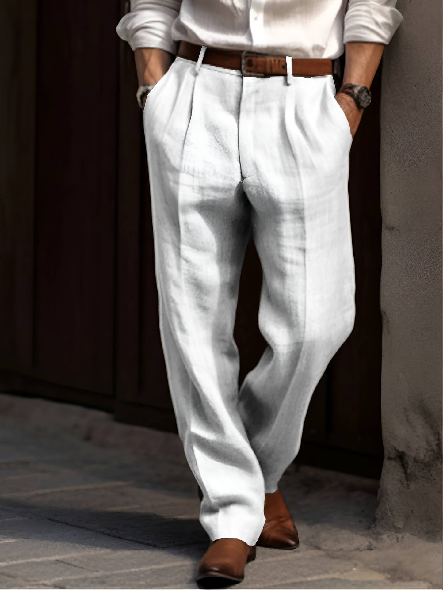 Pleated Straight Leg Pants - White