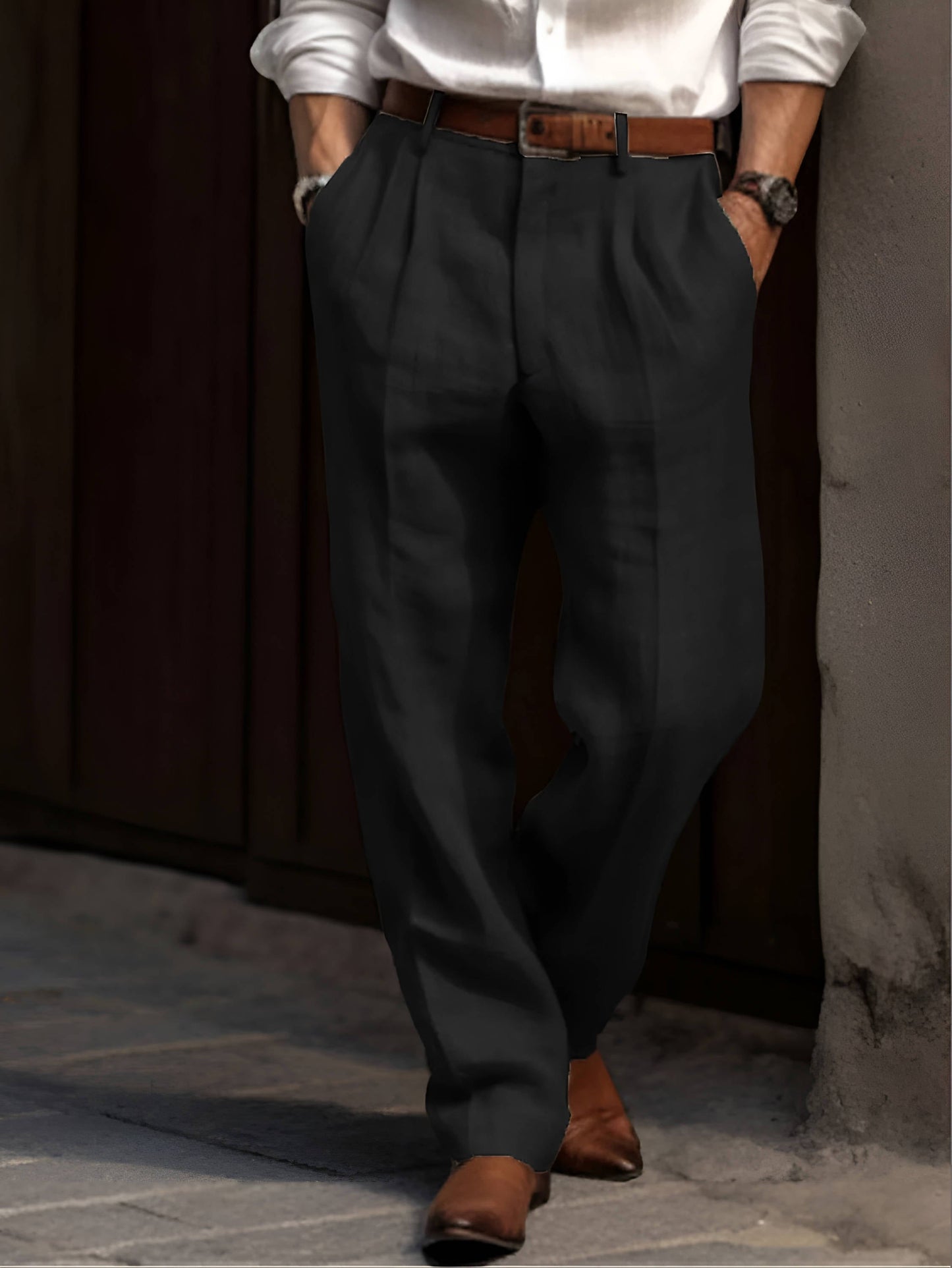 Pleated Straight Leg Pants - Black