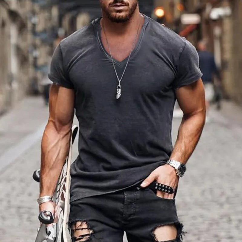 Fitted V Neck T Shirt - Dark Grey