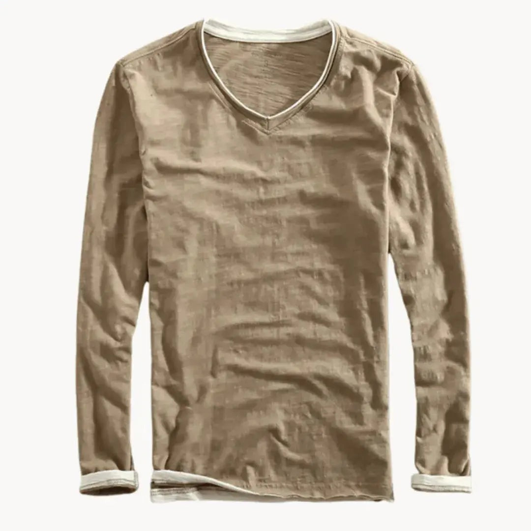 Long Sleeve V Neck T Shirt - Brown