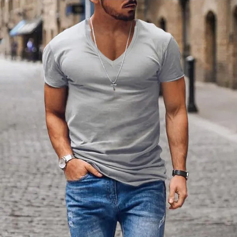 Fitted V Neck T Shirt - Grey