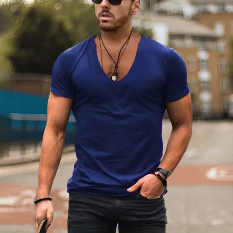 Fitted V Neck T Shirt - Blue