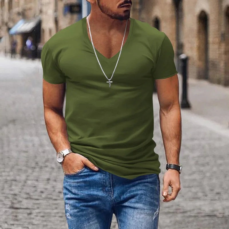 Fitted V Neck T Shirt - Army Green
