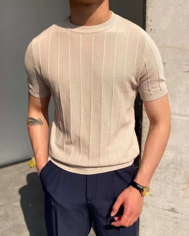 Ribbed Knit T Shirt - Beige