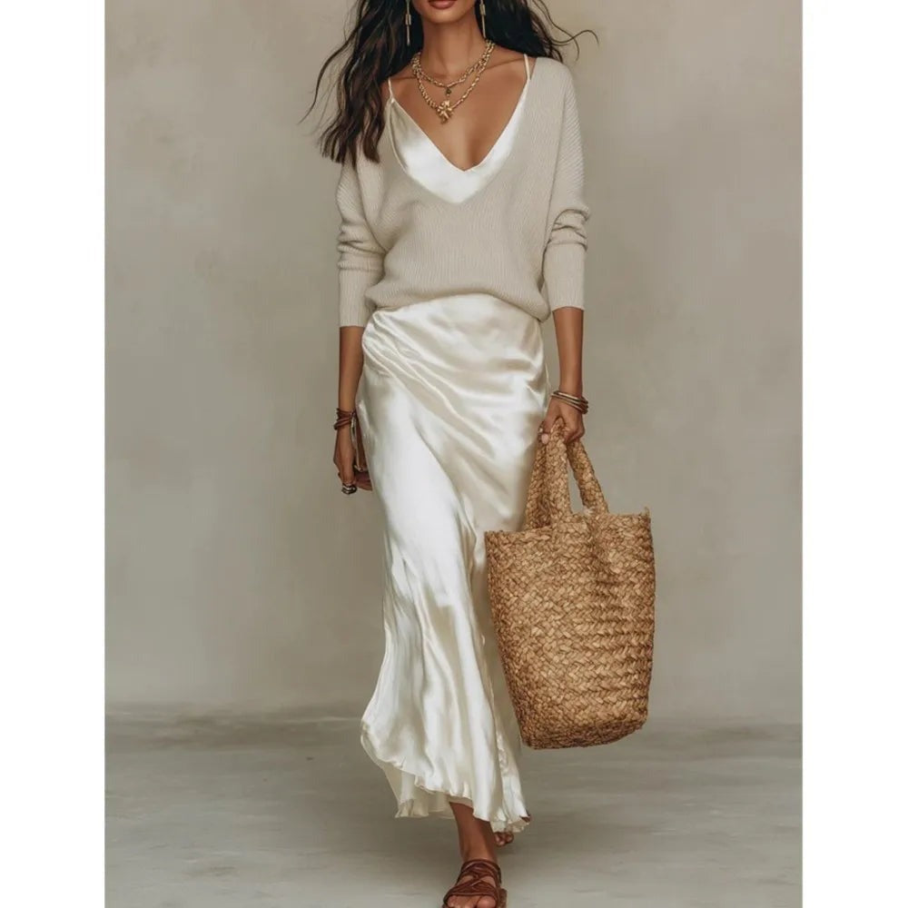 Sweater Slip Dress Two Piece Set - Beige