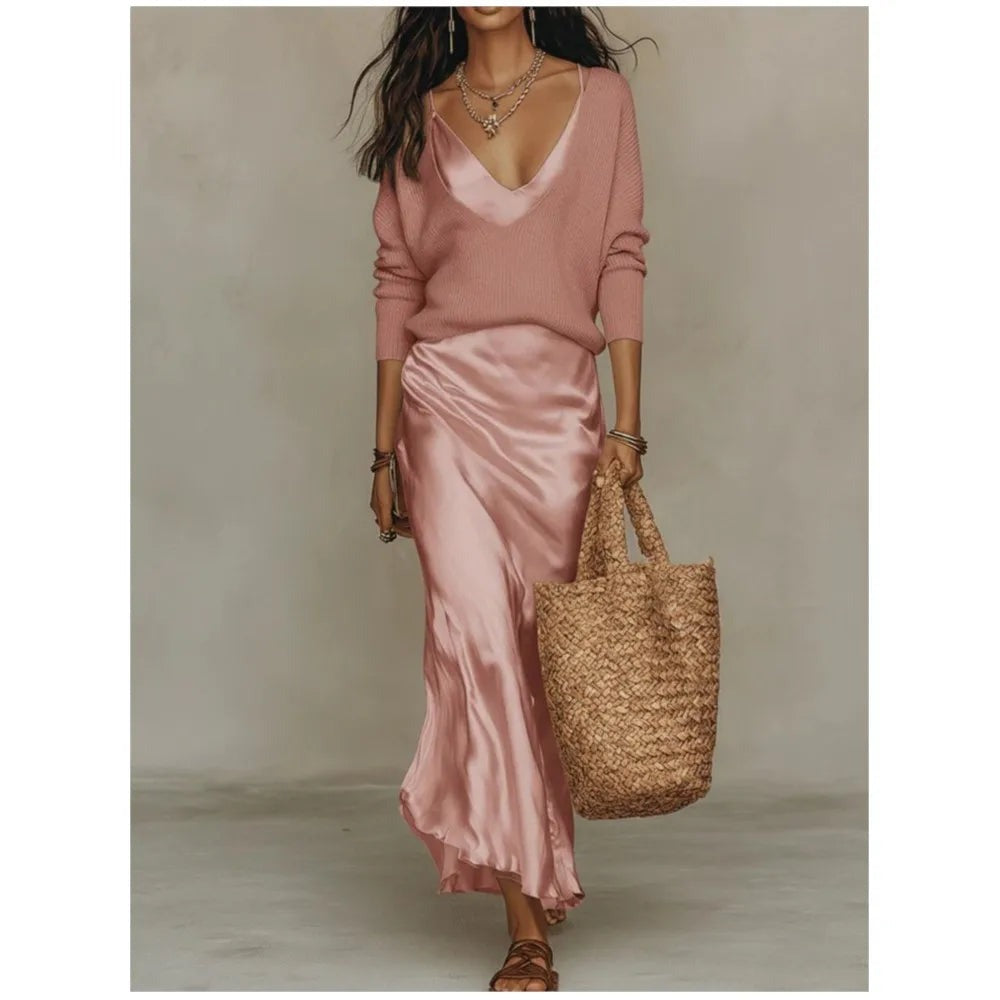 Sweater Slip Dress Two Piece Set - Pink