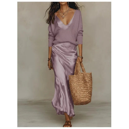 Sweater Slip Dress Two Piece Set - Purple