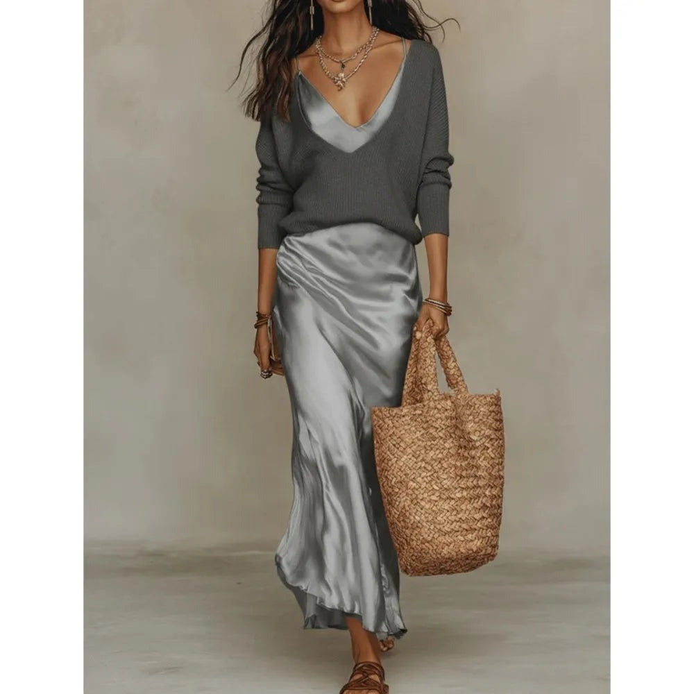 Sweater Slip Dress Two Piece Set - Gray