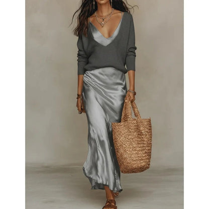 Sweater Slip Dress Two Piece Set - Gray