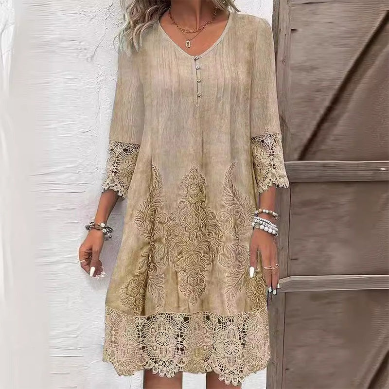 Embroidered Lace Shift Dress - Khaki