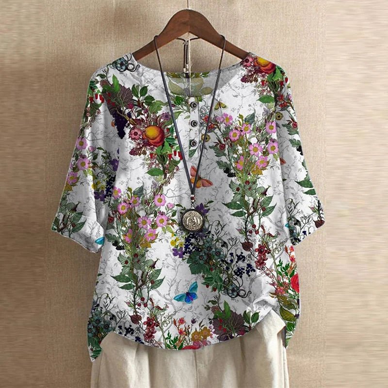 Women's Oversized Floral Blouse - White Flowers