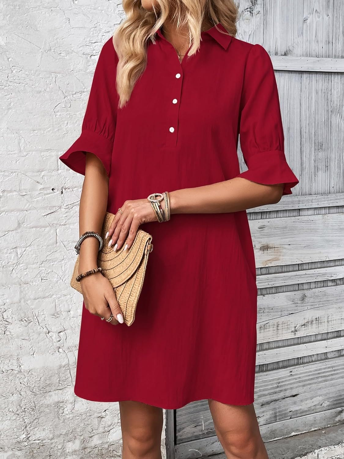 Casual Shirt Dress - Red