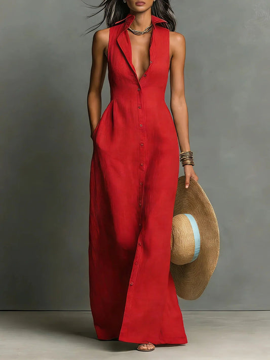 Sleeveless Maxi Shirt Dress - Red