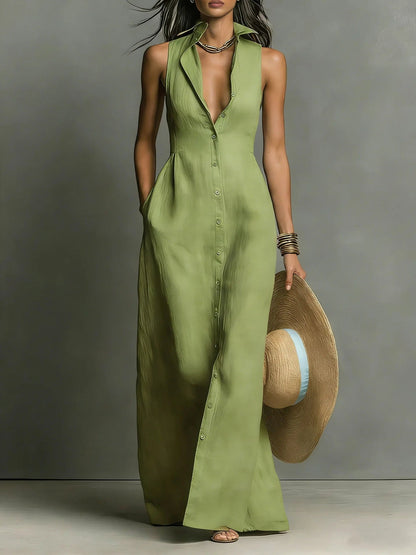 Sleeveless Maxi Shirt Dress - army green