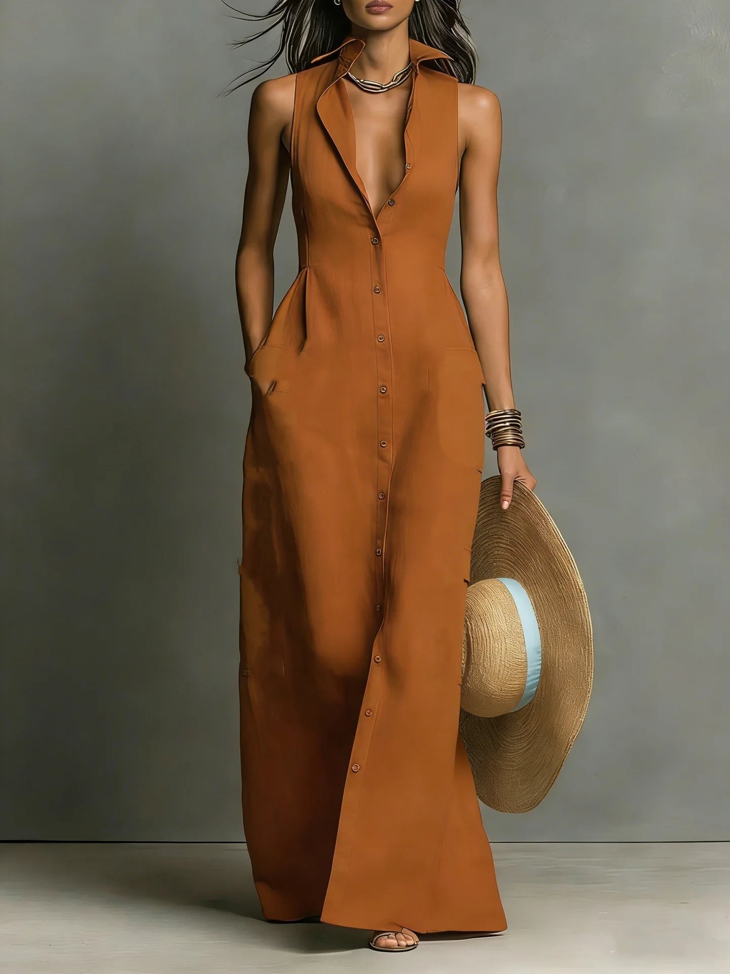 Sleeveless Maxi Shirt Dress - Light Brown