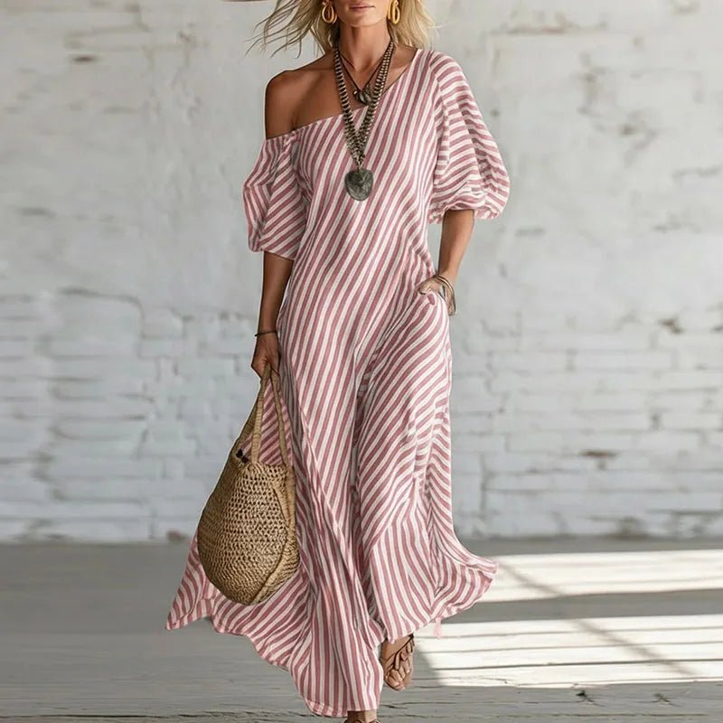 Women's Striped Off-Shoulder Maxi Dress - Pink