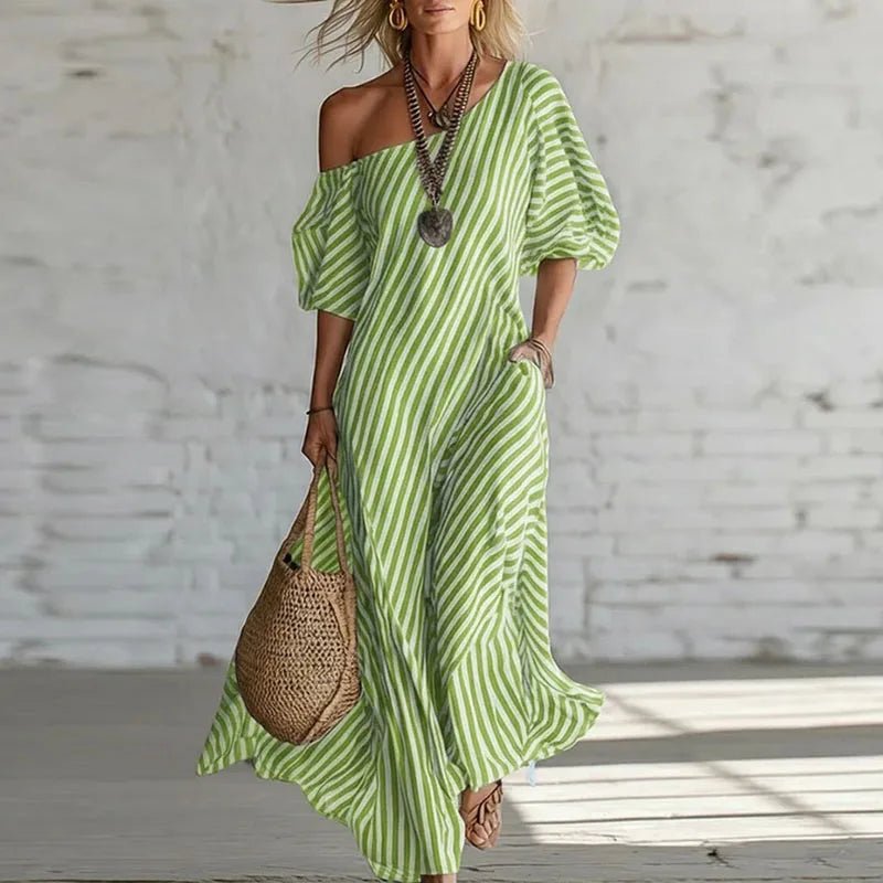 Women's Striped Off-Shoulder Maxi Dress - Green