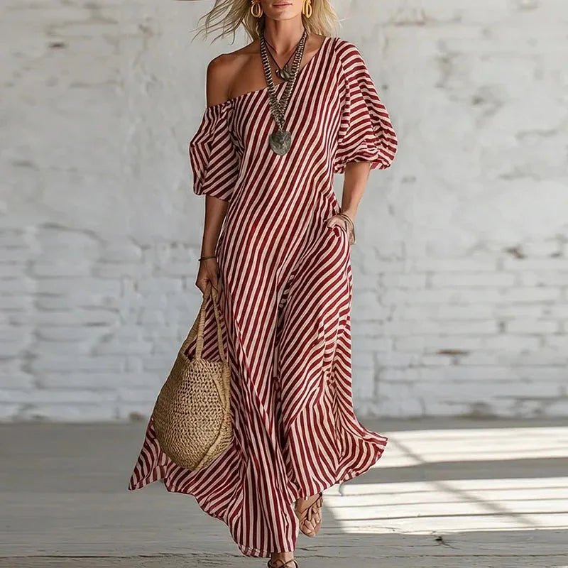 Women's Striped Off-Shoulder Maxi Dress - Red