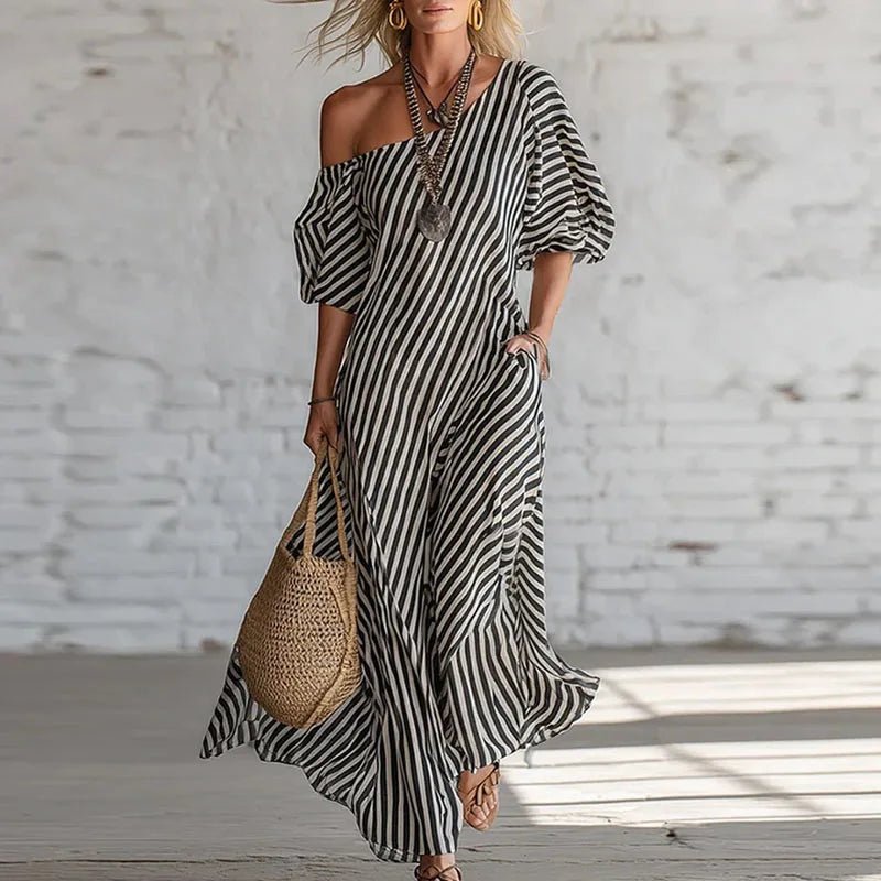 Women's Striped Off-Shoulder Maxi Dress - Black