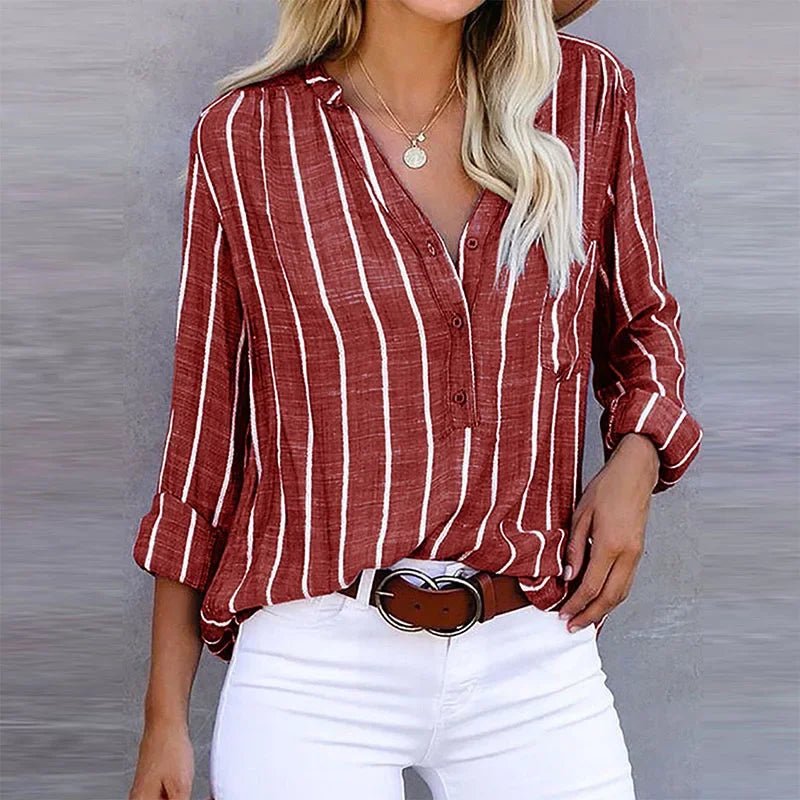 Women's Striped V-Neck Blouse - Red