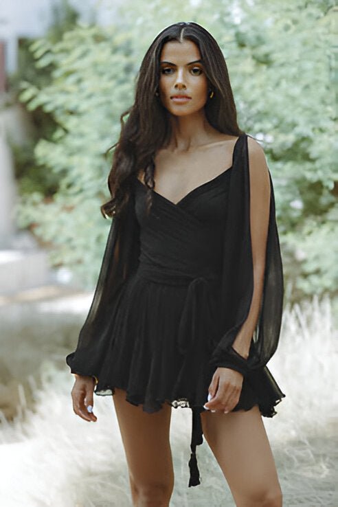 Women's V-Neck Chiffon Wrap Mini Dress - Black
