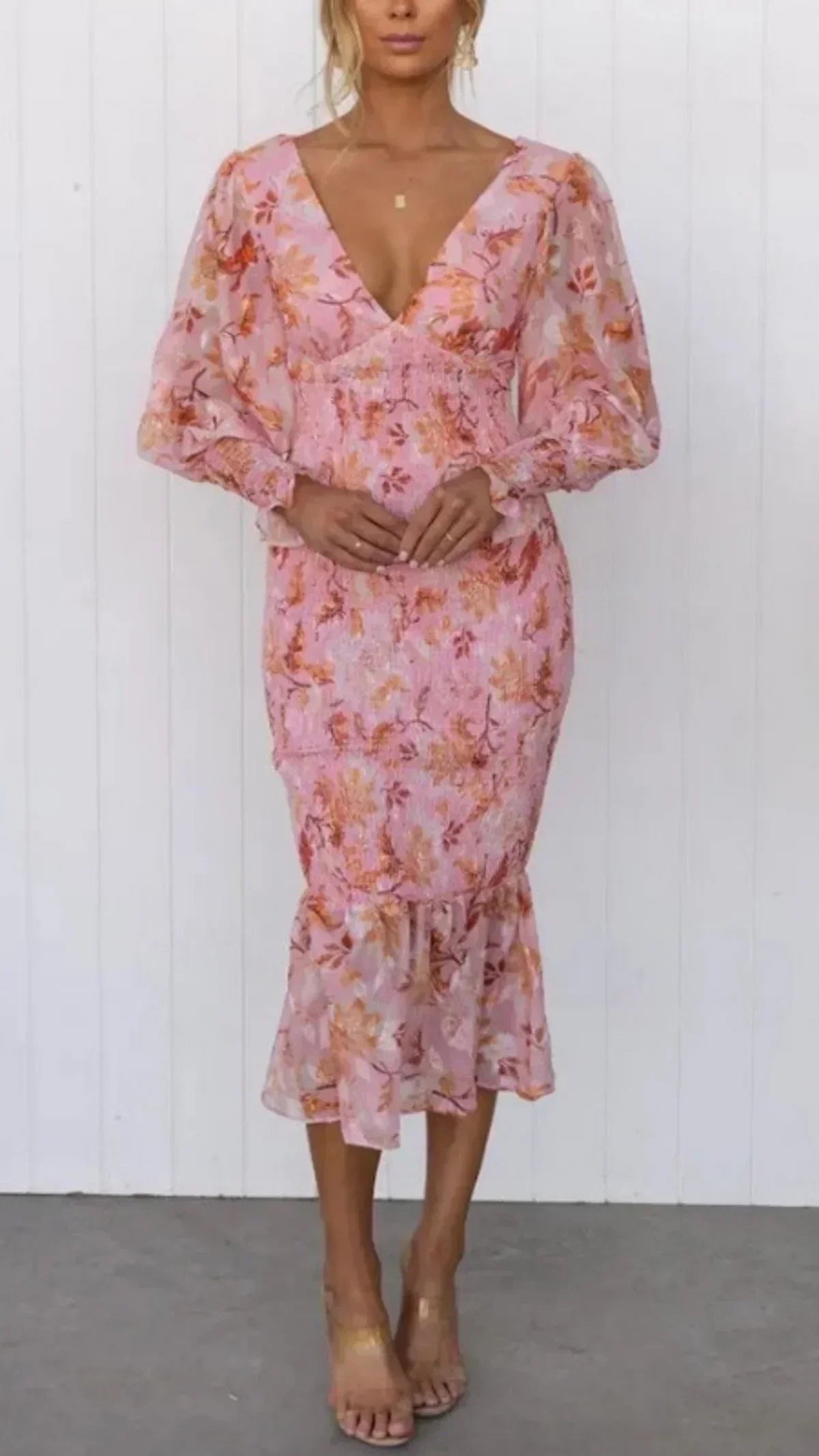 Floral Wedding Guest Midi Dress - Pink