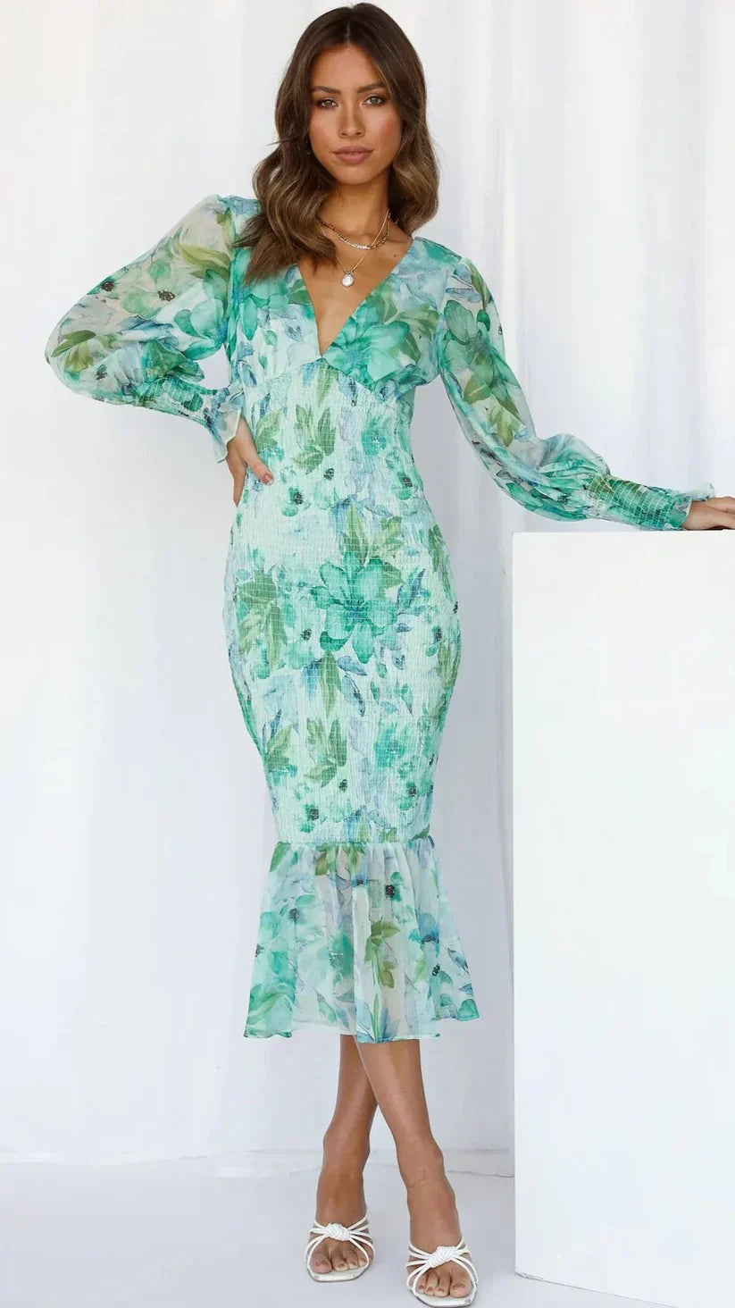 Floral Wedding Guest Midi Dress - Green
