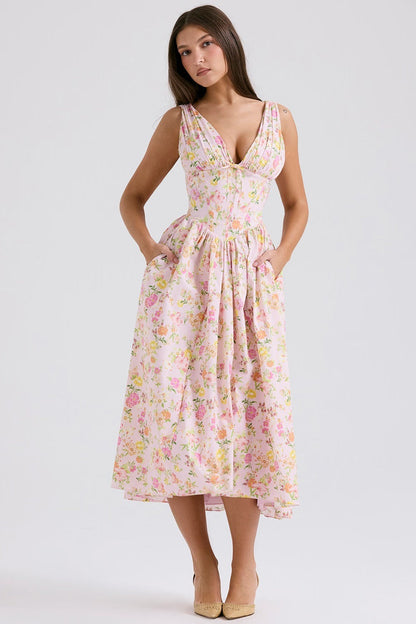 Floral Wedding Guest Midi Dress - Pink Floral