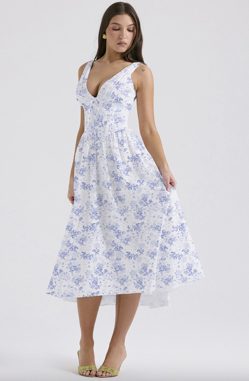 Floral Wedding Guest Midi Dress - Blue Floral