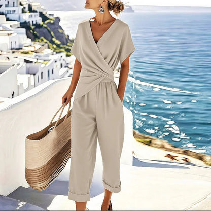 V Neck Wrap Jumpsuit - Apricot