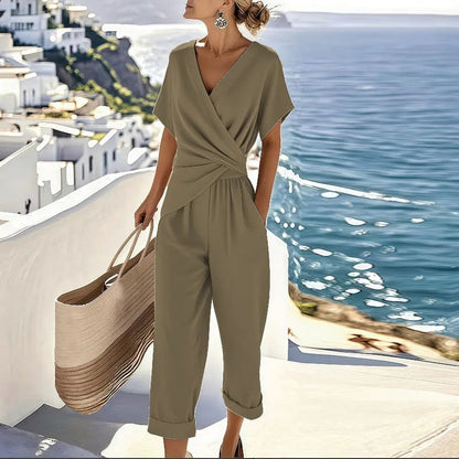 V Neck Wrap Jumpsuit - Khaki