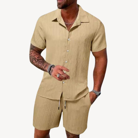 Short Sleeve Shirt Two Piece Set - Beige