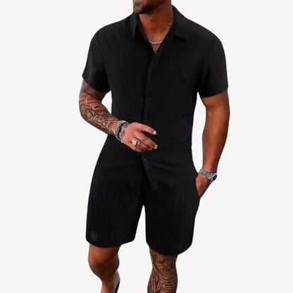 Short Sleeve Shirt Two Piece Set - Black
