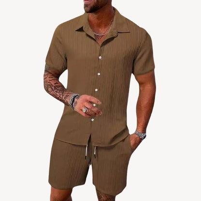 Short Sleeve Shirt Two Piece Set - Brown