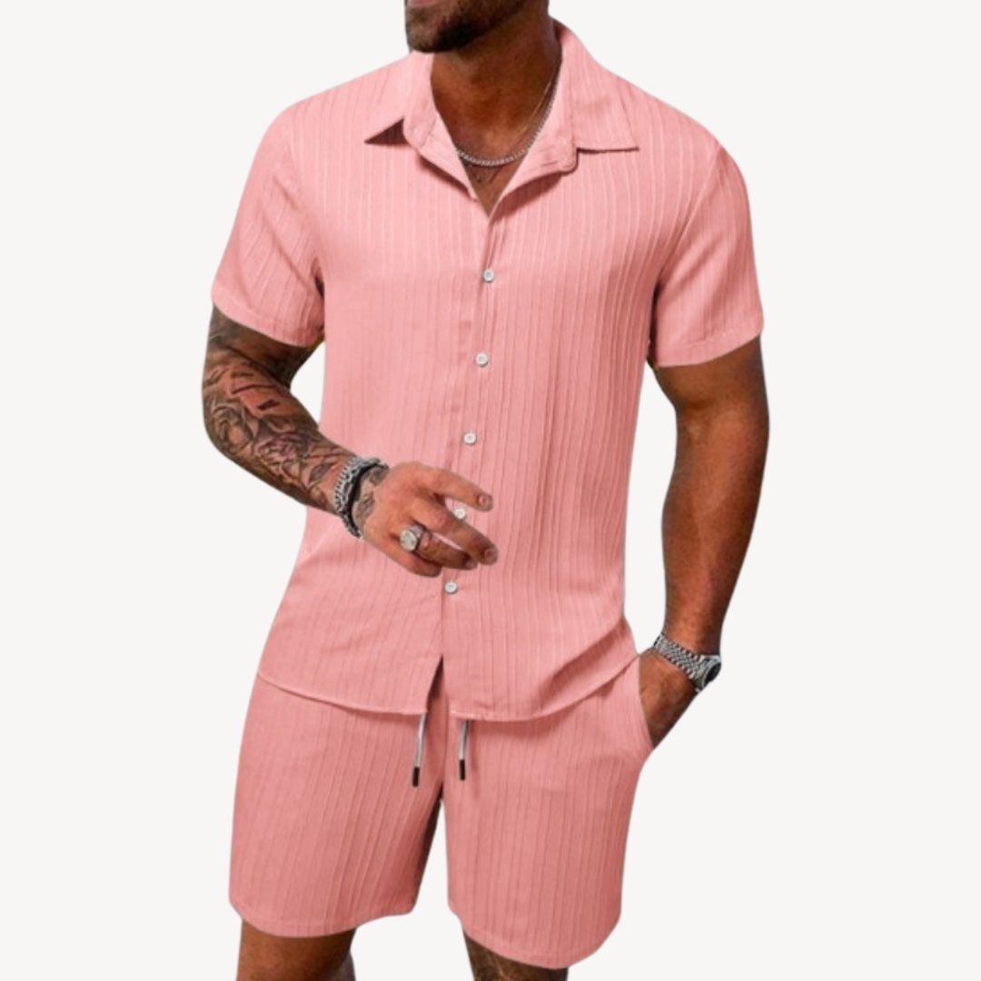 Short Sleeve Shirt Two Piece Set - Light Pink