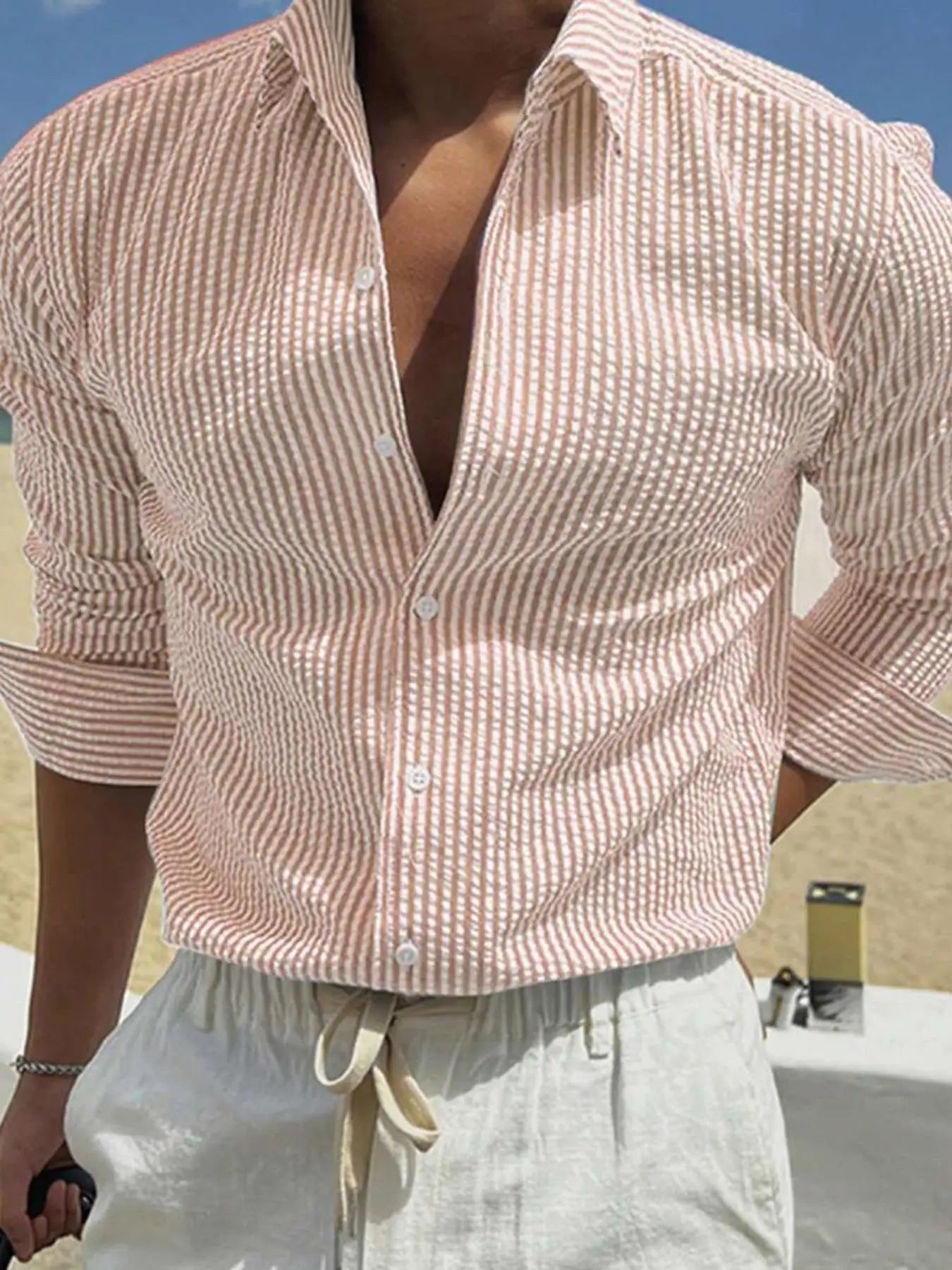 Men's Oversized Striped Seersucker Shirt - Orange and White Stripes