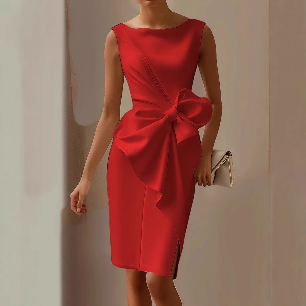 Bow Bodycon Midi Dress - Red