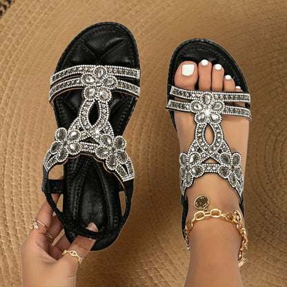 Rhinestone Bohemian Flat Sandals - Black