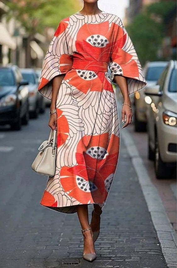 Floral Wrap Midi Dress - Orange