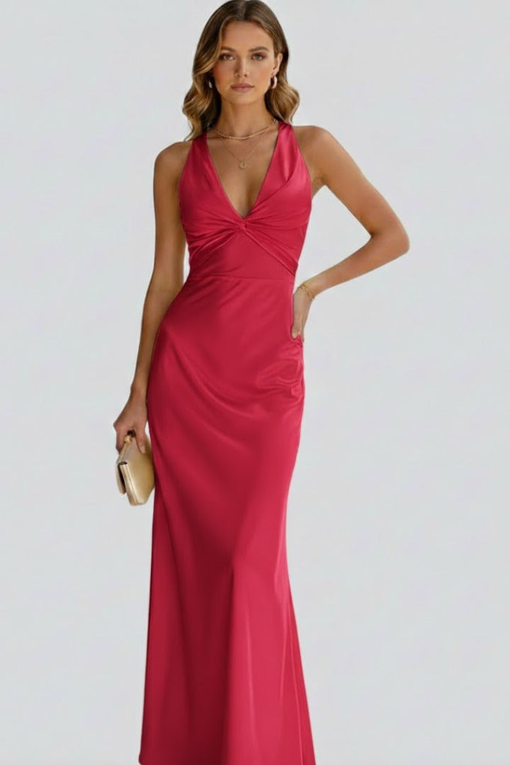Wedding Guest Halter Maxi Dress - Red