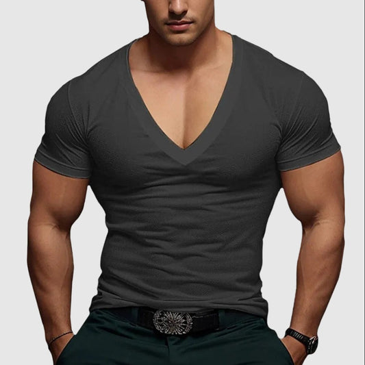 Slim Fit Deep V Neck Tee - Gray