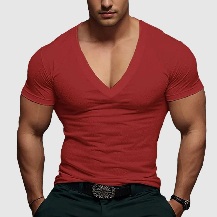 Slim Fit Deep V Neck Tee - Red