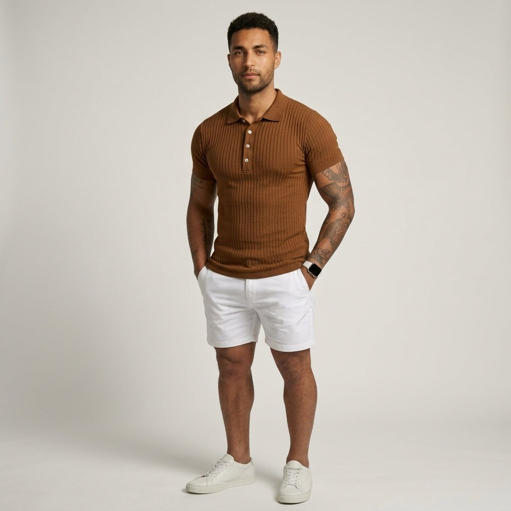 Ribbed Short Sleeve Polo Shirt - Brown