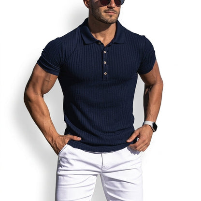 Ribbed Short Sleeve Polo Shirt - Blue