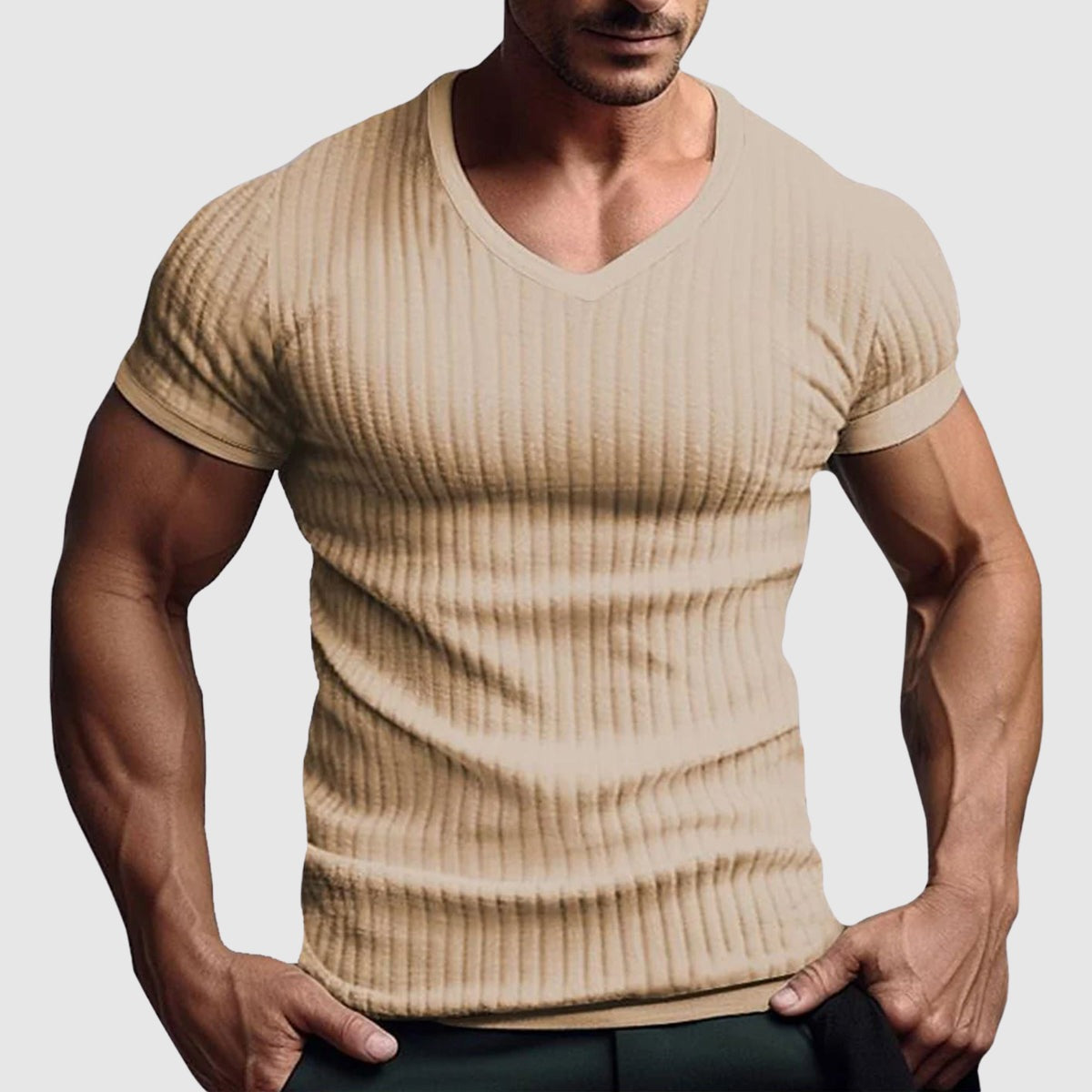 Ribbed V Neck T Shirt - Beige