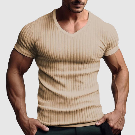 Ribbed V Neck T Shirt - Beige