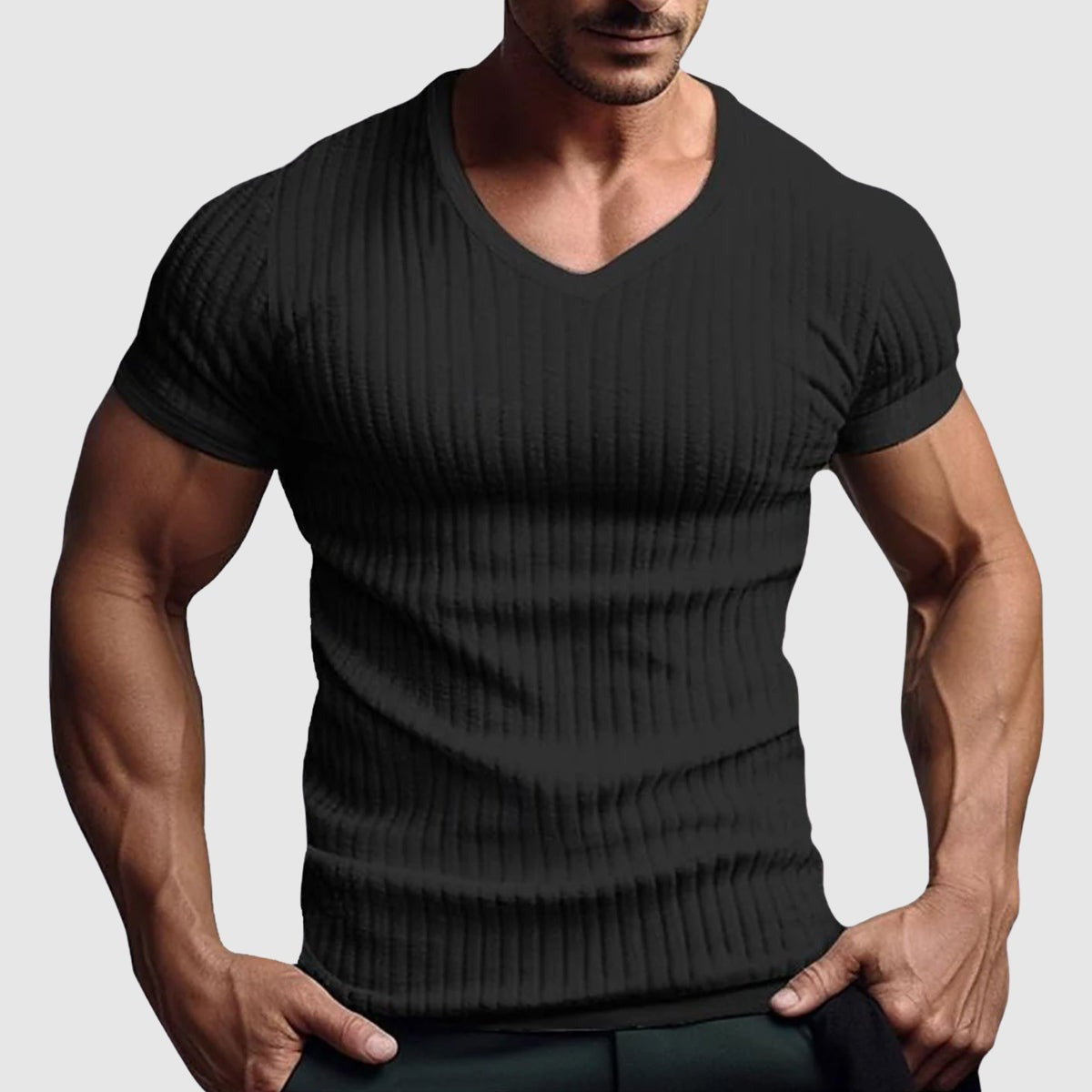 Ribbed V Neck T Shirt - Black