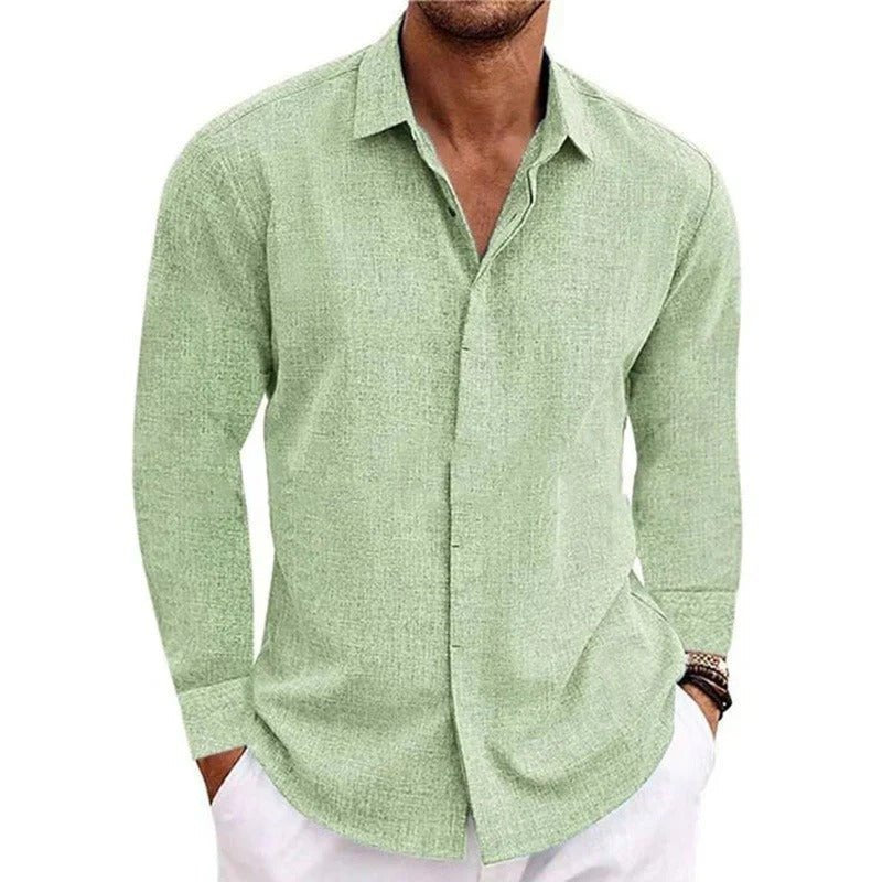 Men's Linen-Cotton Button-Up Shirt - Light Green