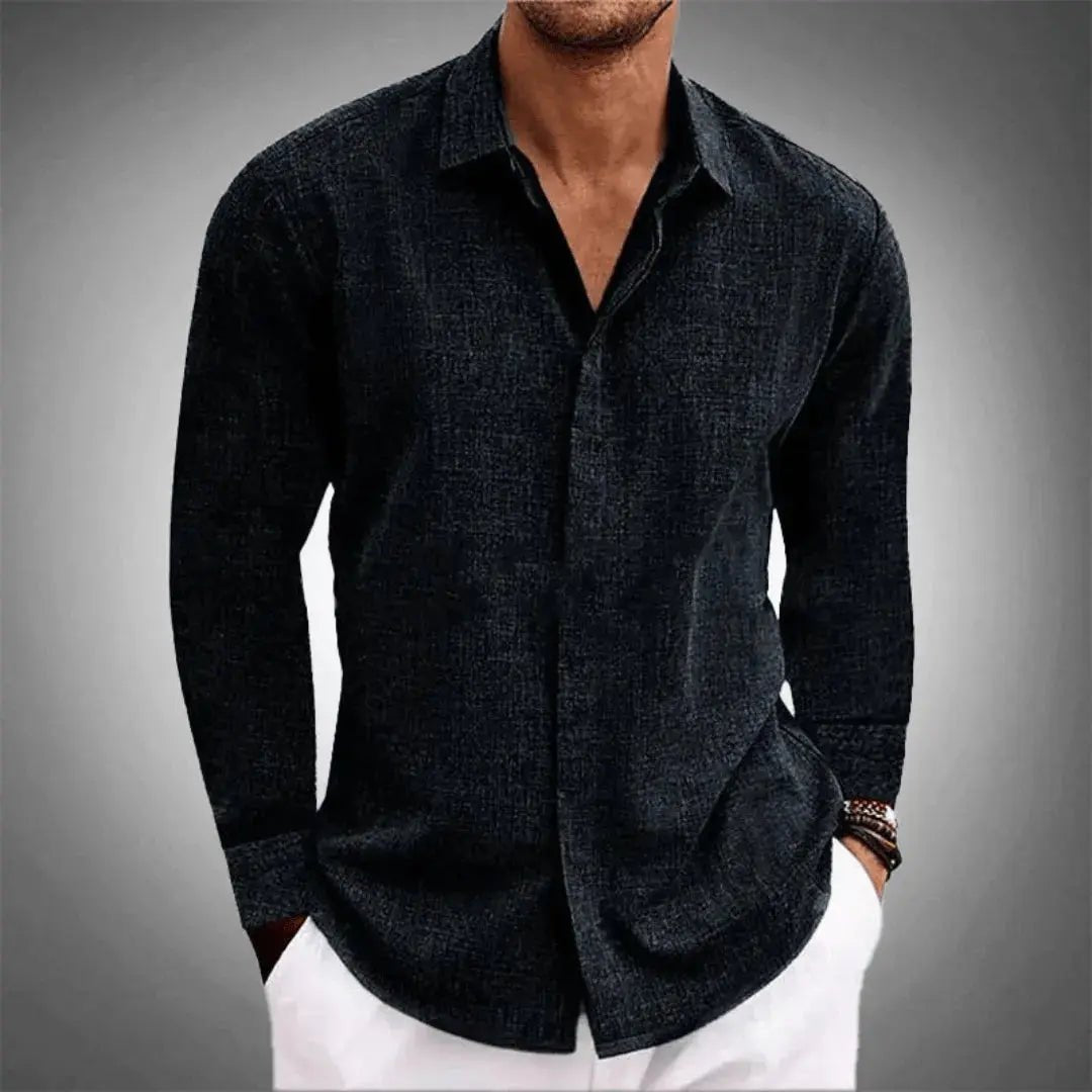 Men's Linen-Cotton Button-Up Shirt - Black
